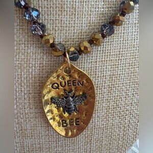 “Queen Bee” Sparkly Double-Knotted Beaded Necklace with Crystals Pendent.